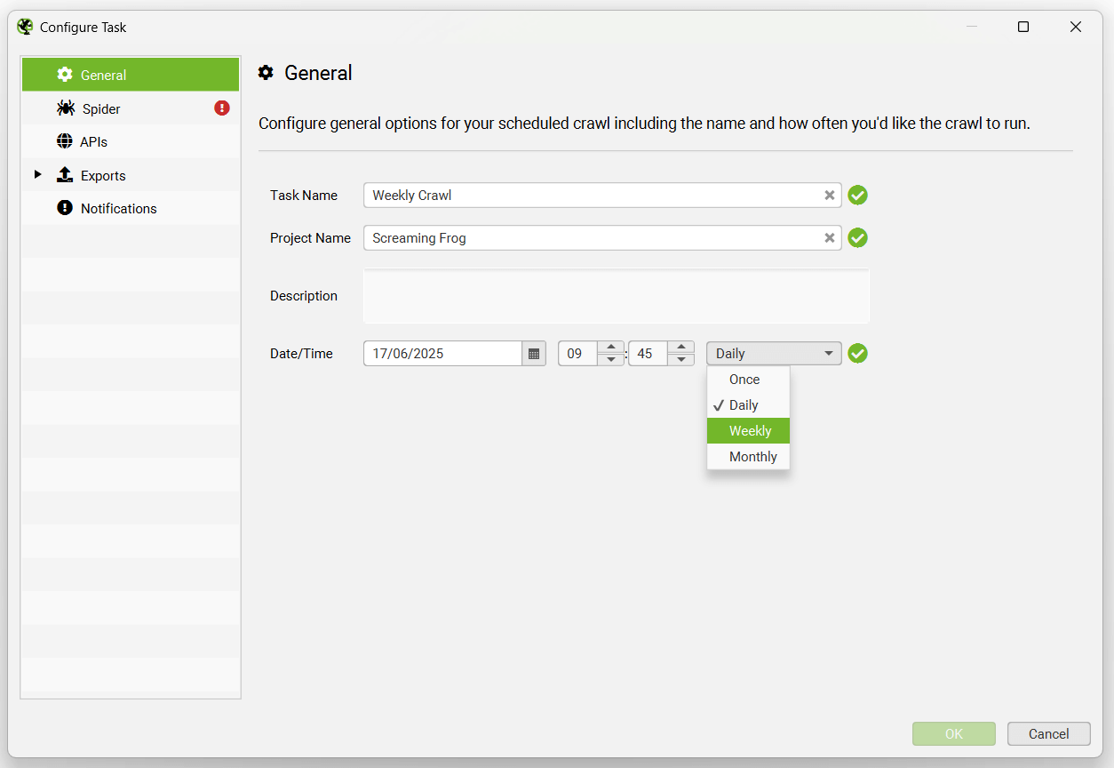 Scheduling General Tab